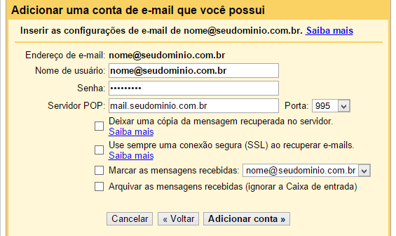 Gmail - Adicionar conta POP3