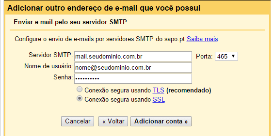 Gmail - Adicionar conta POP3