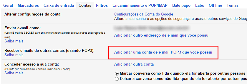 Gmail - Adicionar conta POP3