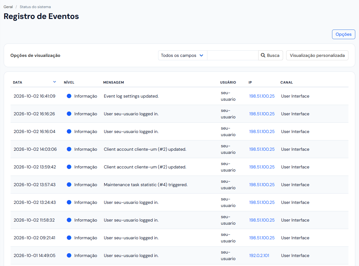 Tela Registro de Eventos: o botão Opções, a barra de busca com Visualização personalizada e a lista de eventos, a mais nova em cima