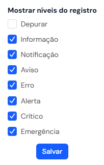 Balão Mostrar níveis do registro, com as oito caixas, Depurar desmarcada, e o botão Salvar