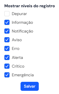 Balão Mostrar níveis do registro, com as oito caixas, Depurar desmarcada, e o botão Salvar