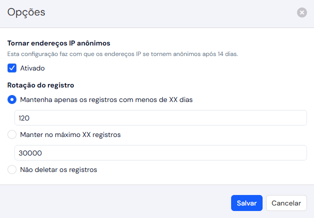 Janela Opções: Tornar endereços IP anônimos ativado, e a Rotação do registro com as três escolhas