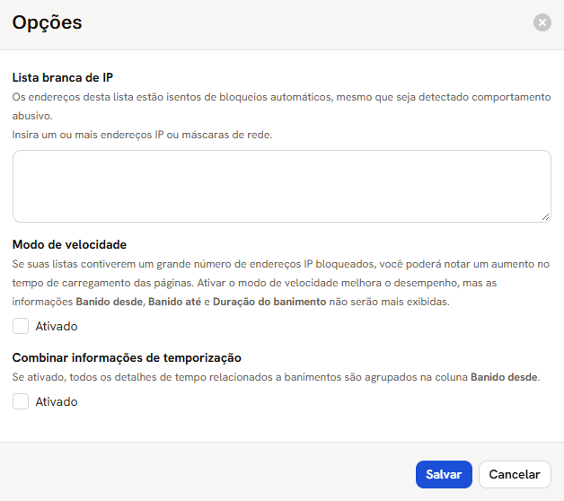 Janela Opções: o campo Lista branca de IP e as caixas Modo de velocidade e Combinar informações de temporização
