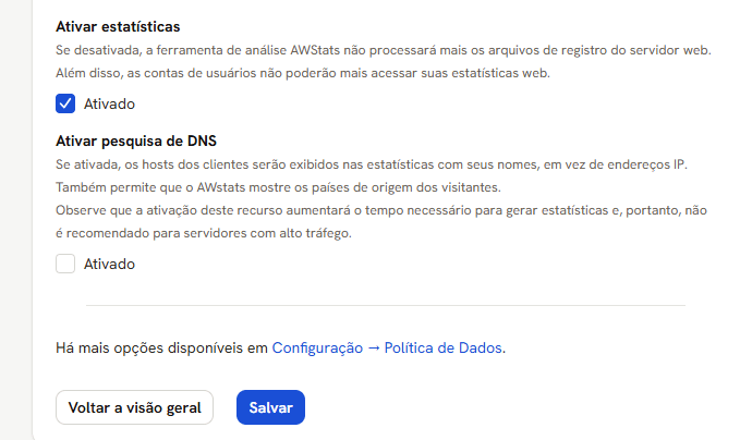 Tela Estatísticas da Web: Ativar estatísticas, Ativar pesquisa de DNS e o aviso sobre a Política de Dados