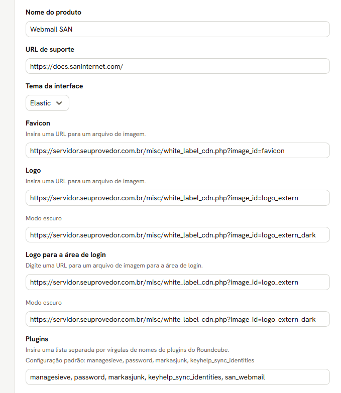 Campos de aparência do Roundcube: nome do produto, URL de suporte, tema, favicon, logos e plugins