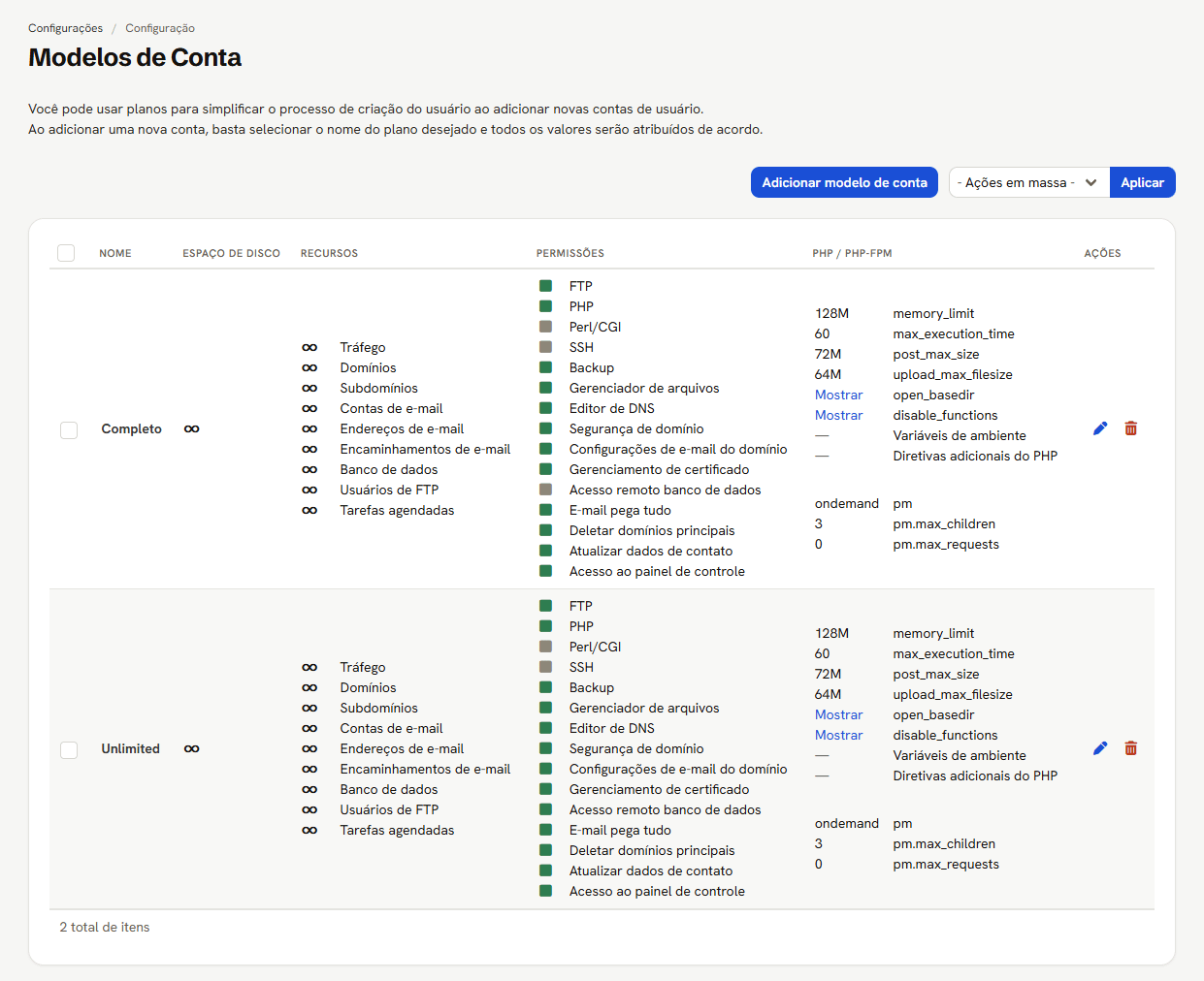 Lista de modelos de conta com dois modelos, Completo e Unlimited: espaço de disco, recursos, permissões e ajustes de PHP de cada um, e os ícones de editar e excluir