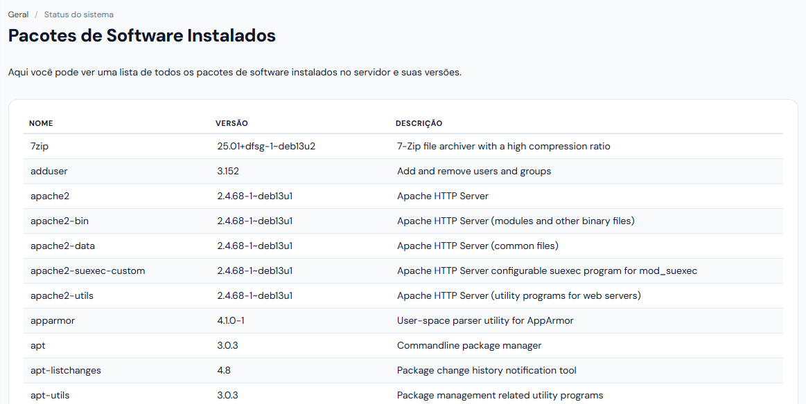 Tela Pacotes de Software Instalados com as colunas Nome, Versão e Descrição e o começo da lista