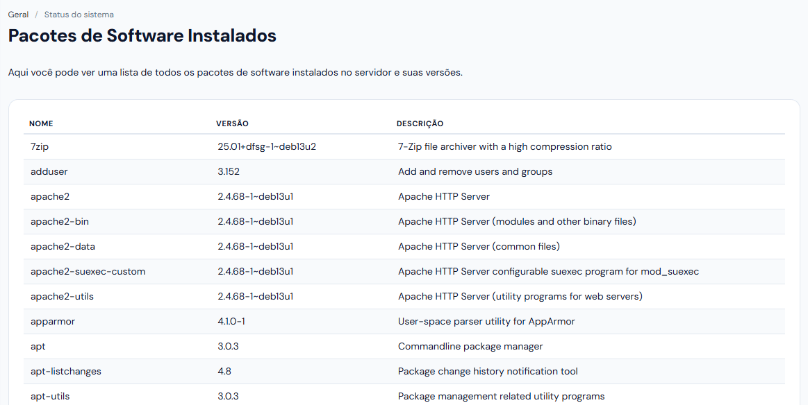 Tela Pacotes de Software Instalados com as colunas Nome, Versão e Descrição e o começo da lista