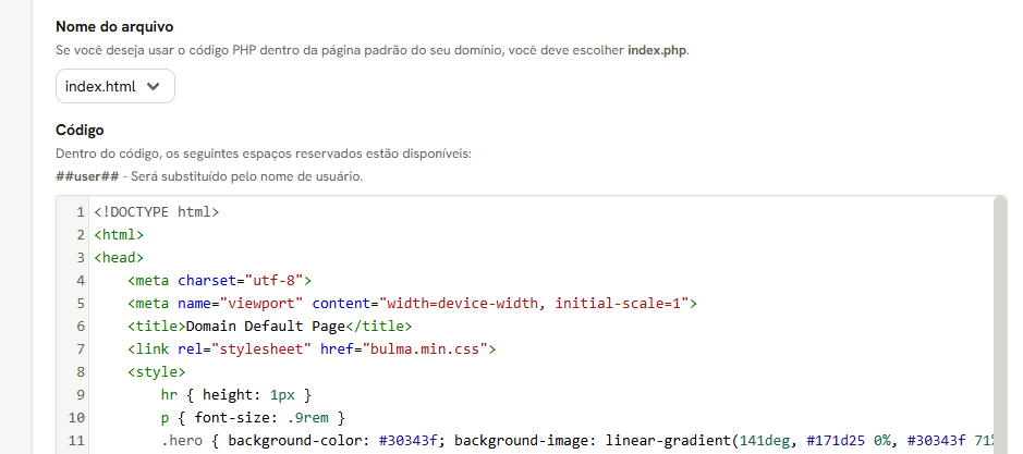 Tela Página de Domínio Padrão: o Nome do arquivo, com index.html, e o editor de Código com o começo da página de fábrica