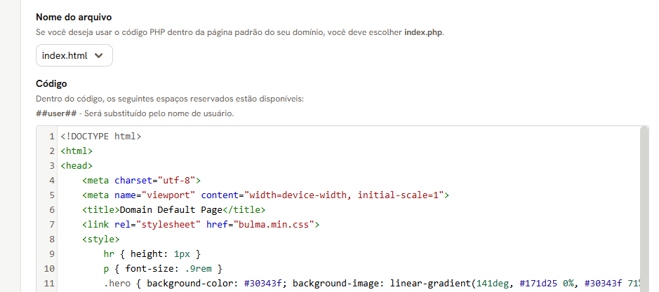 Tela Página de Domínio Padrão: o Nome do arquivo, com index.html, e o editor de Código com o começo da página de fábrica