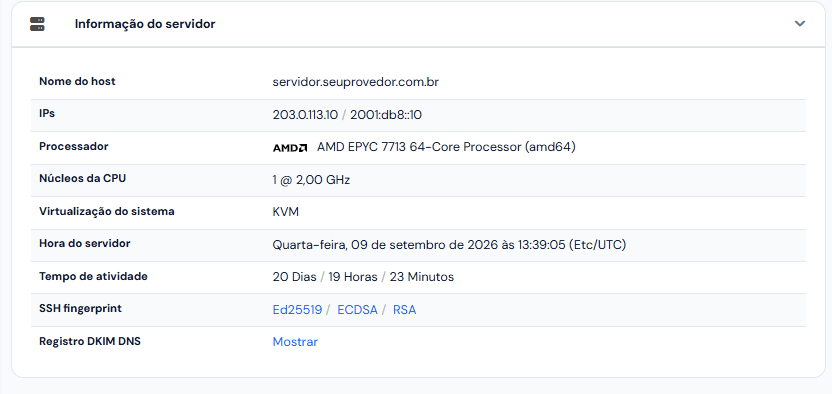 Cartão Informação do servidor: nome do host, IPs, processador, hora e tempo de atividade