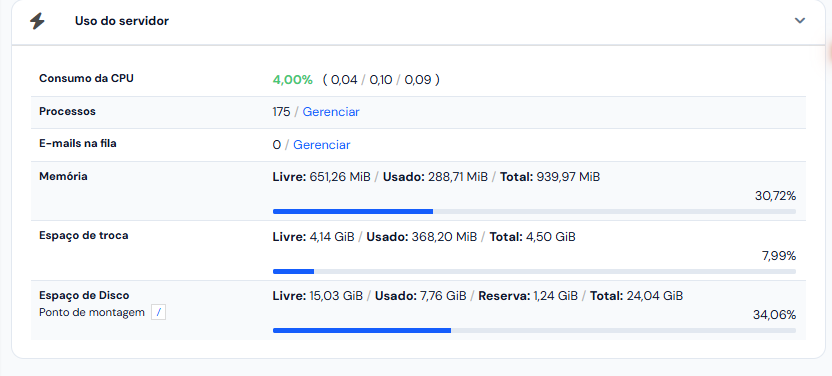 Cartão Uso do servidor: CPU, processos, fila de e-mail, memória, troca e disco