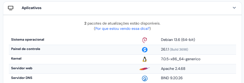 Cartão Aplicativos: sistema operacional, versão do painel, kernel, servidor web e DNS