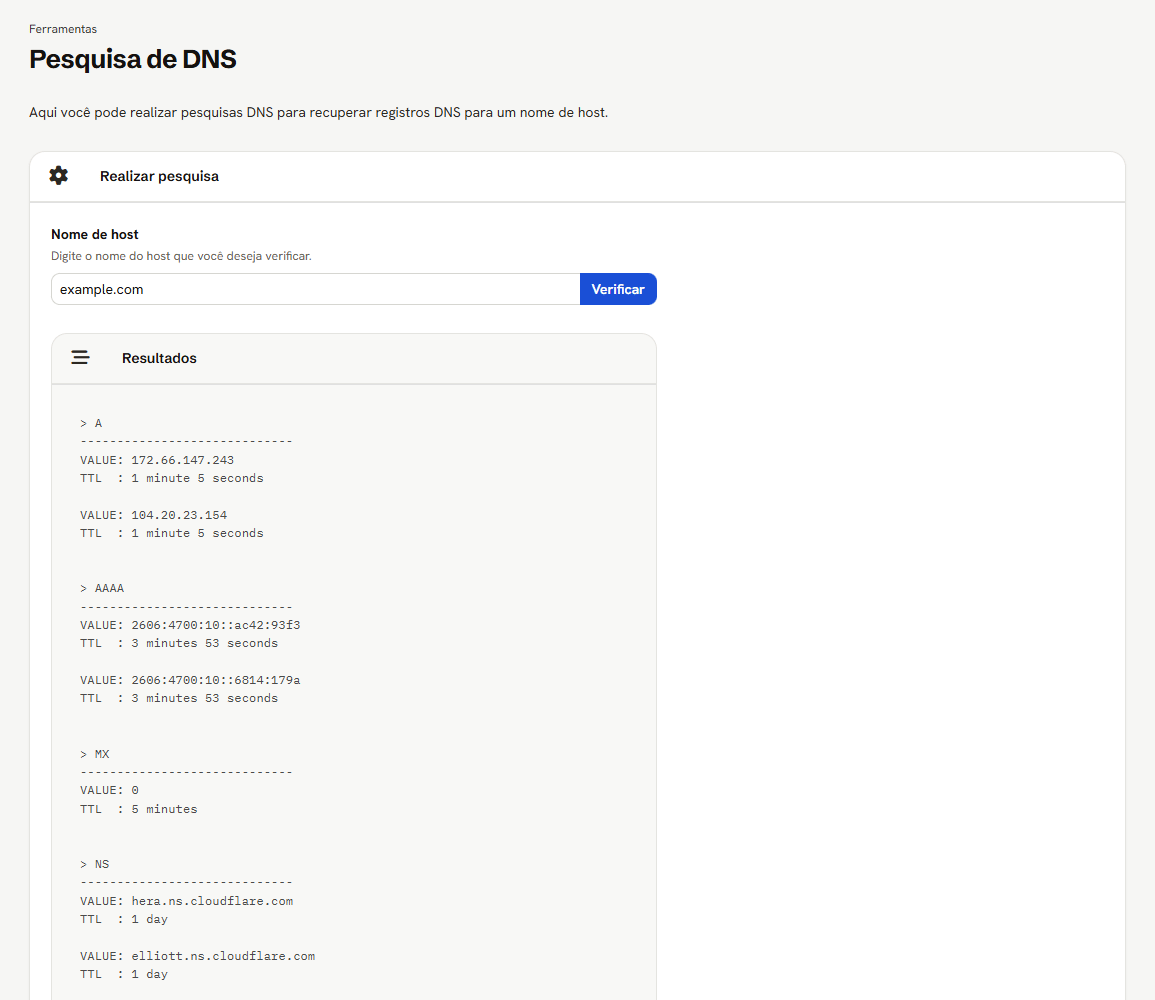 Pesquisa de DNS: o campo Nome de host com example.com, o botão Verificar e os Resultados por tipo de registro