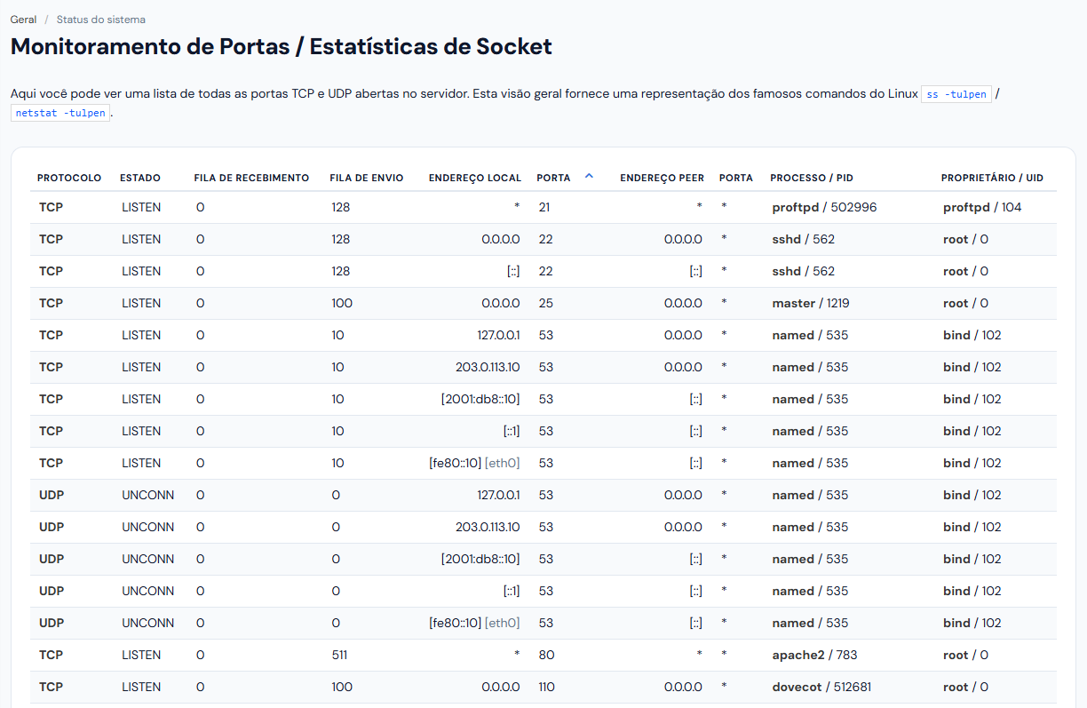 Tela Monitoramento de Portas: o texto de abertura e a tabela das portas, ordenada pela coluna PORTA