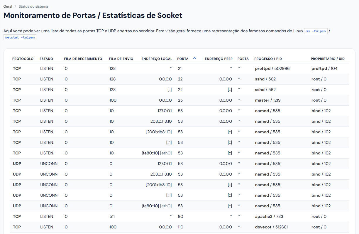 Tela Monitoramento de Portas: o texto de abertura e a tabela das portas, ordenada pela coluna PORTA