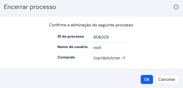 Janela Encerrar processo, com o ID do processo, o nome de usuário, o comando e os botões Ok e Cancelar