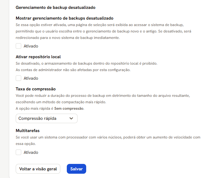 Bloco do gerenciamento antigo: mostrar a página de seleção, repositório local, compressão e multitarefas