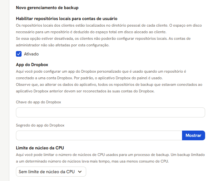 Bloco do novo gerenciamento: repositórios locais, app do Dropbox e limite de núcleos