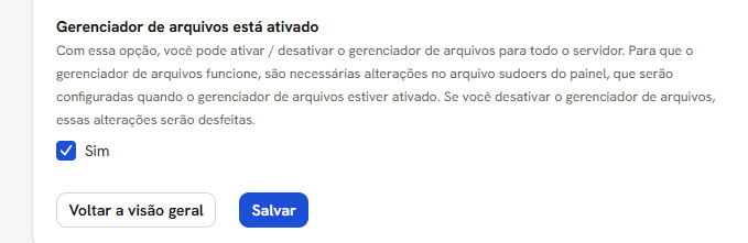 Tela do Gerenciador de Arquivos, com a caixa Sim e o aviso sobre o arquivo sudoers