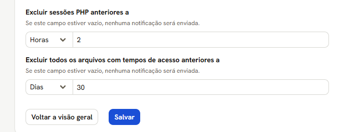 Tela Operações de Limpeza, com os prazos das sessões PHP e dos arquivos temporários