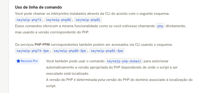 Uso de linha de comando, com os nomes dos comandos e o recurso marcado Pro