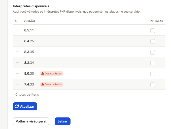 Intérpretes disponíveis: seis versões, duas marcadas Desatualizado, a coluna Instalar e o botão Atualizar