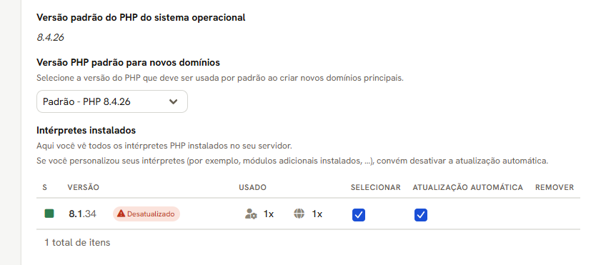 Versão do PHP do sistema, versão padrão para domínios novos e a tabela de interpretadores instalados