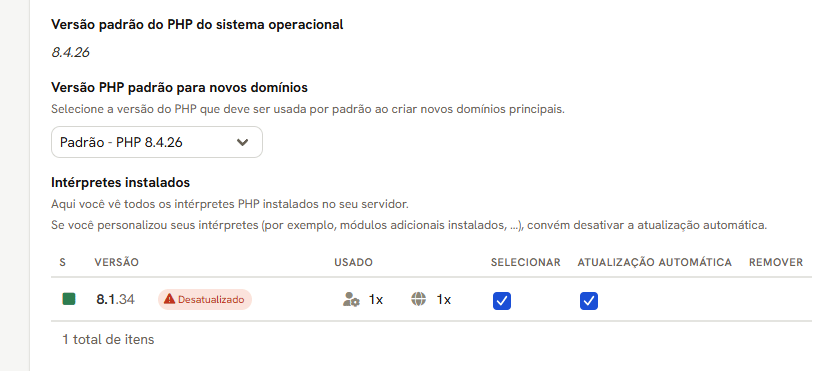 Versão do PHP do sistema, versão padrão para domínios novos e a tabela de interpretadores instalados