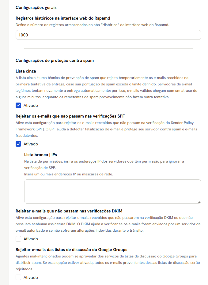 Registros do Rspamd, lista cinza, recusa por SPF com lista branca de IPs, recusa por DKIM e recusa de Google Groups