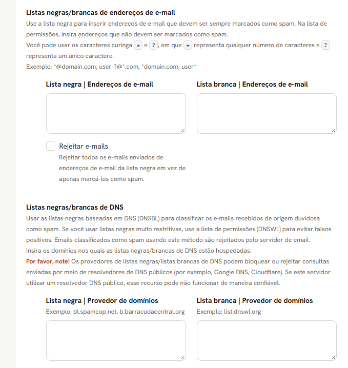 Listas negra e branca de endereços, a opção de rejeitar, e as listas negras e brancas de DNS