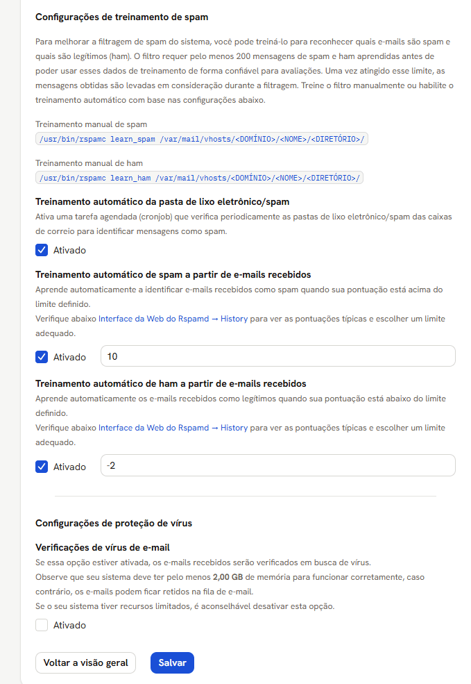 Treinamento manual e automático do filtro, e a opção de verificação de vírus