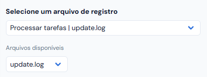 Os dois seletores com o update.log: o arquivo escolhido e, embaixo, Arquivos disponíveis