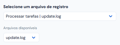 Os dois seletores com o update.log: o arquivo escolhido e, embaixo, Arquivos disponíveis