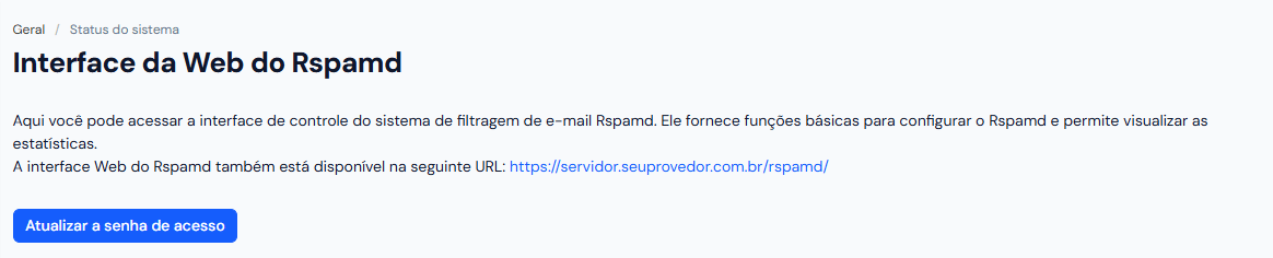 Alto da tela: o texto de explicação, o endereço da interface e o botão Atualizar a senha de acesso