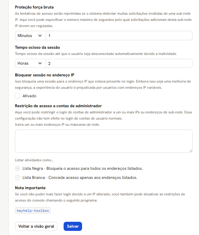 Tela Acesso e Sessão: força bruta, tempo ocioso, travar no IP, restrição de administrador e a nota do keyhelp-toolbox