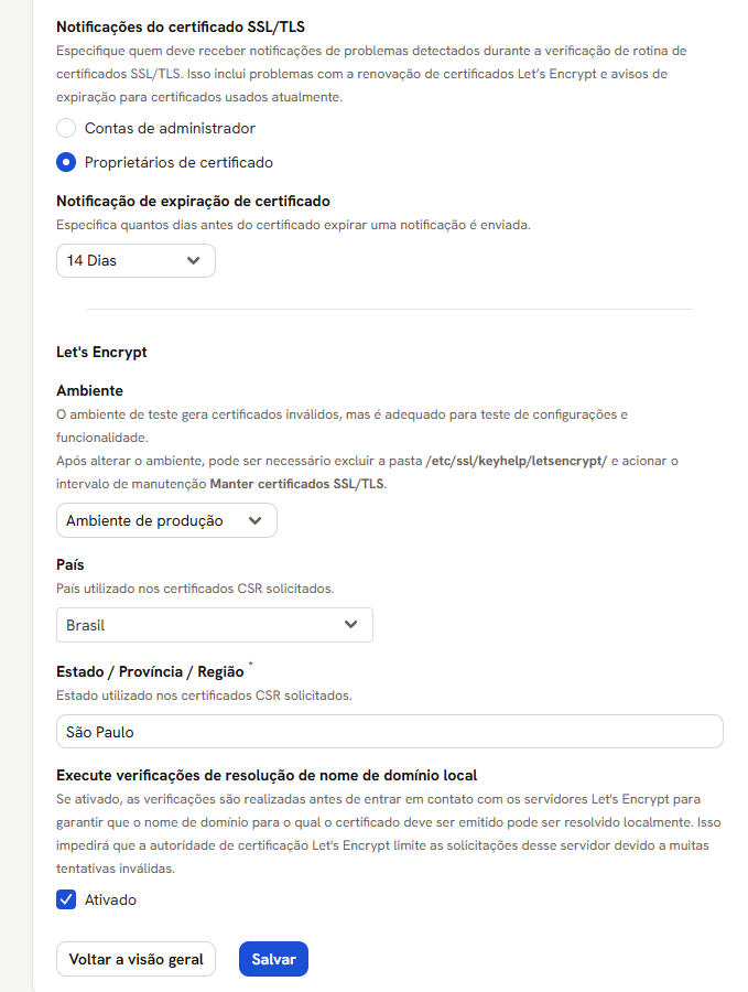 Tela de ajustes dos certificados: notificações, dias de aviso, ambiente, país, estado e a checagem local