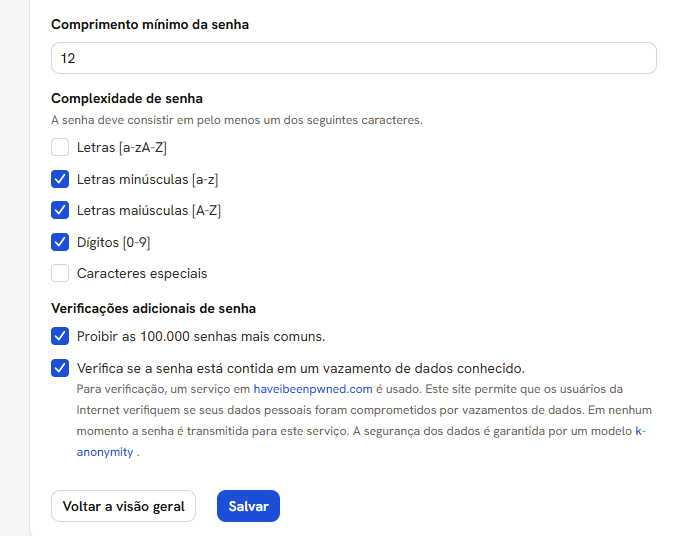 Tela Política de Senha: comprimento mínimo, as caixas de complexidade e as verificações adicionais