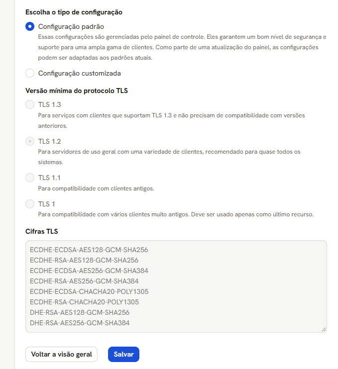 Tela Versão do TLS e Cifras no modo padrão, com as versões de TLS e a lista de cifras