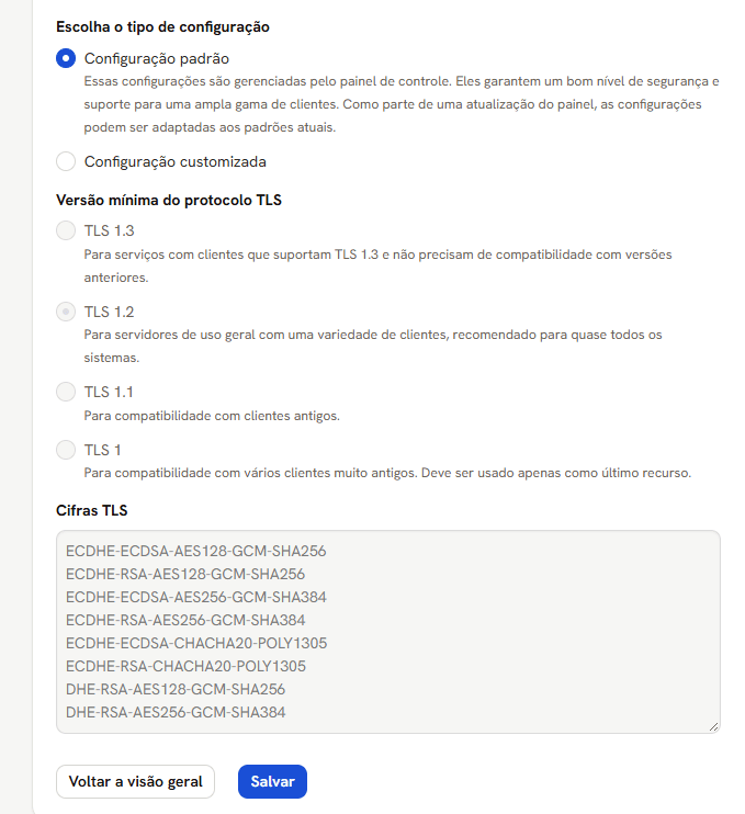 Tela Versão do TLS e Cifras no modo padrão, com as versões de TLS e a lista de cifras