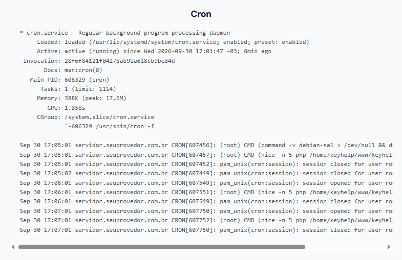 Janela Mostrar do Cron: o estado do serviço como o sistema informa, com a hora de início, o processo principal, a memória e as últimas linhas do registro