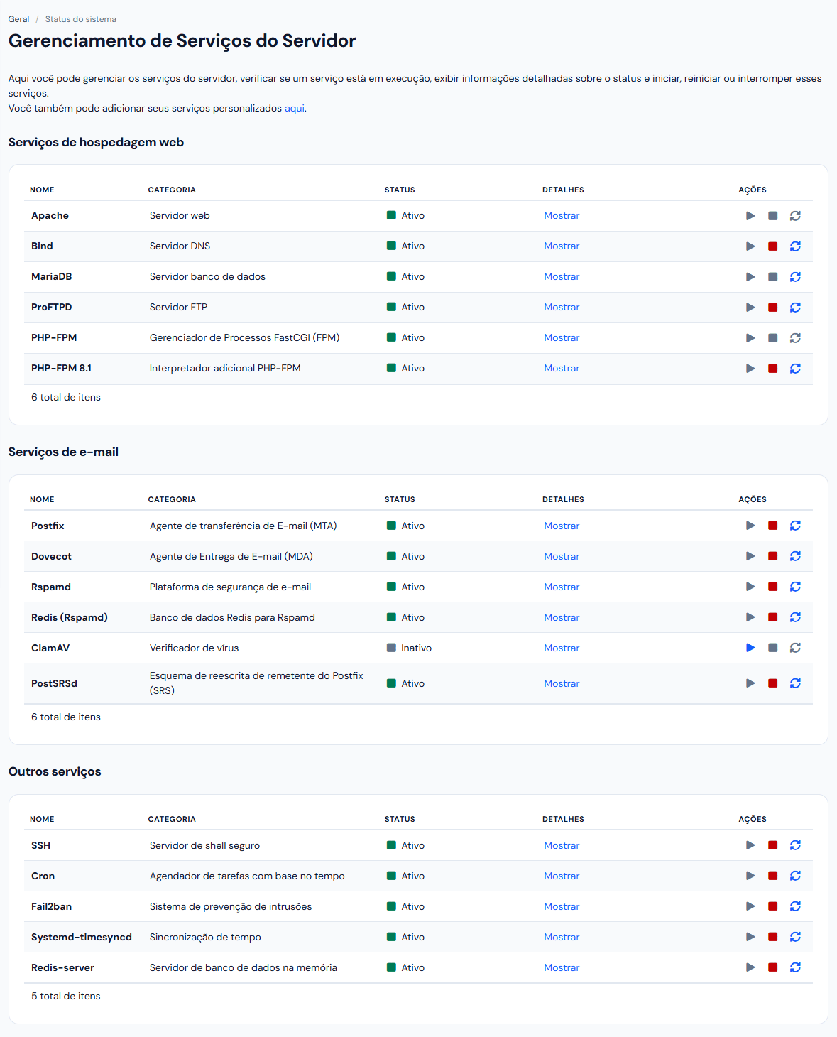 Tela Gerenciamento de Serviços do Servidor com os três grupos de serviços, o status de cada um, o link Mostrar e os ícones de ação