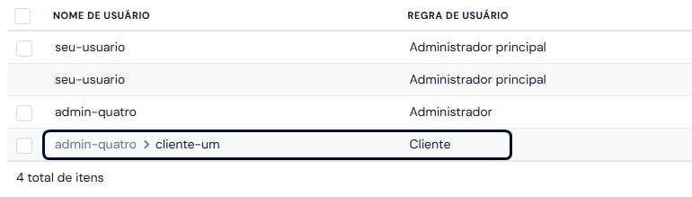 Lista das sessões do painel, com a linha de um administrador dentro da conta de um cliente marcada: o nome dele em cinza, uma seta e o nome do cliente