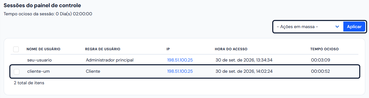 Lista das sessões do painel com a linha de um cliente e o campo Ações em massa com o botão Aplicar marcados