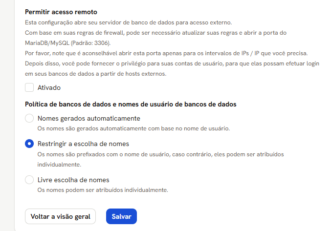 Tela Servidor do Banco de Dados com Permitir acesso remoto e as três políticas de nomes