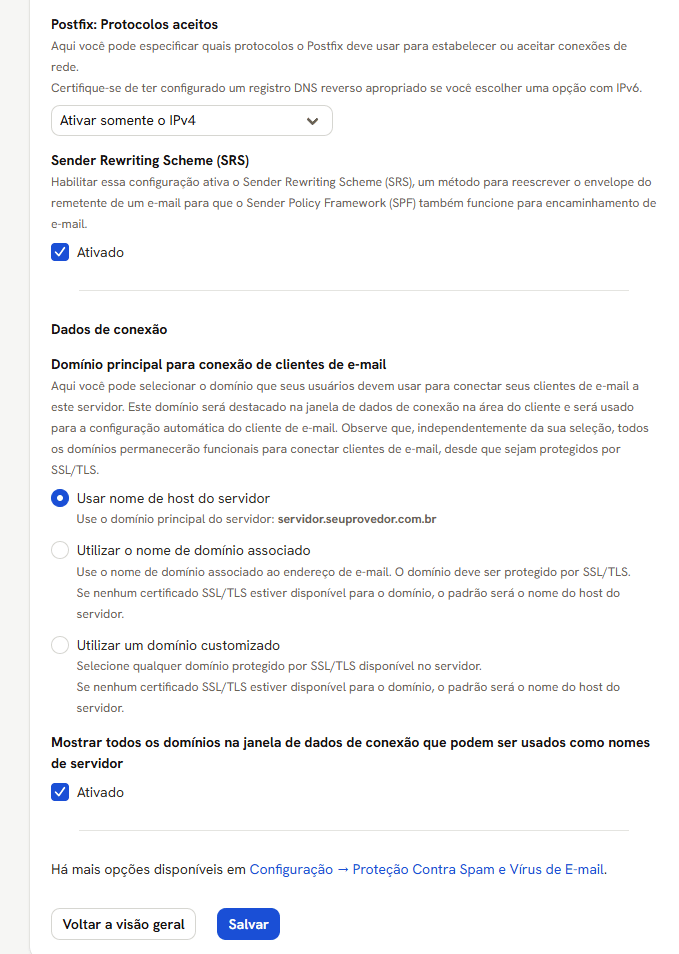 Protocolos do Postfix, Sender Rewriting Scheme e as opções de Domínio principal para conexão de clientes de e-mail