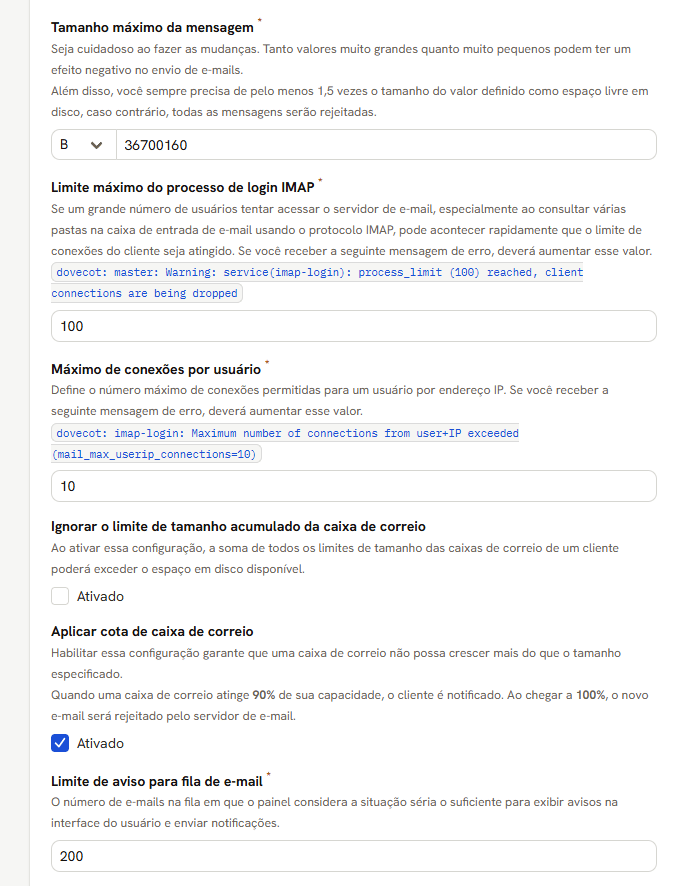 Campos de limite: tamanho máximo da mensagem, login IMAP, conexões por usuário, cota das caixas e fila de e-mail
