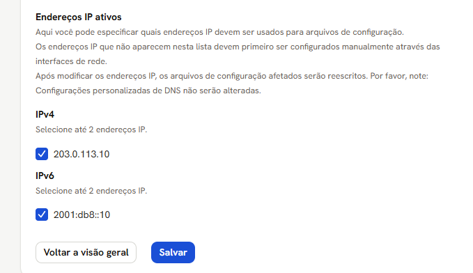 Tela Endereço IP com um endereço IPv4 e um IPv6 marcados