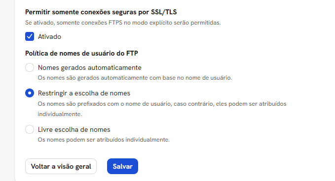 Tela Servidor de FTP com Permitir somente conexões seguras por SSL/TLS e as três políticas de nomes